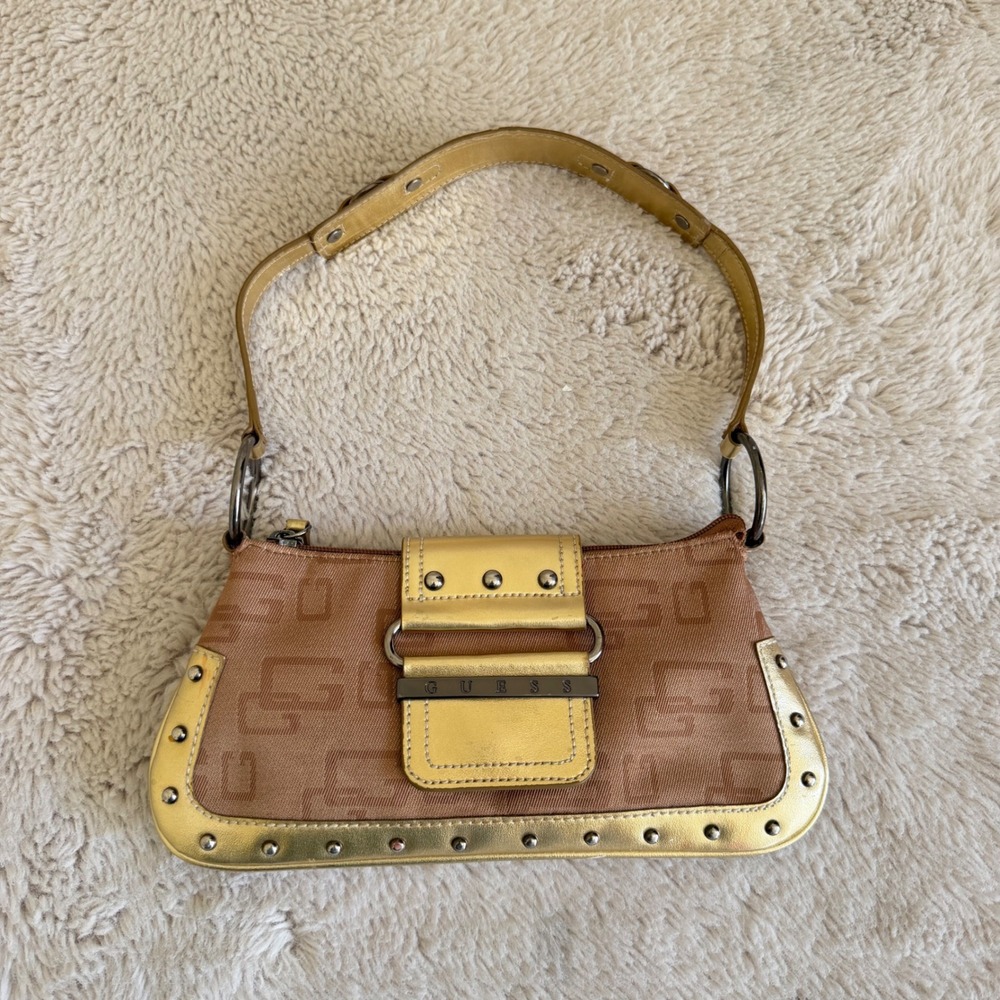 Guess Vintage Y2K Monogram Canvas Shoulder Bag Gold Studded Tan Brown Baguette